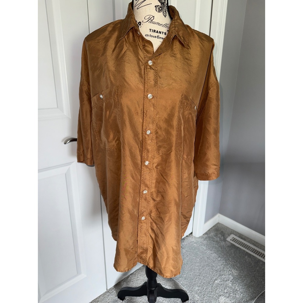 Siegfried Men's  XL 100% Silk Button Down Shirt Bronze Copper Oversized Tunic